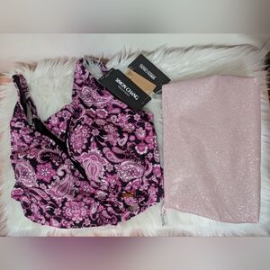 Simon Chang Pink & Black Paisley Swimsuit & Bonus Toiletry Makeup Bag New!